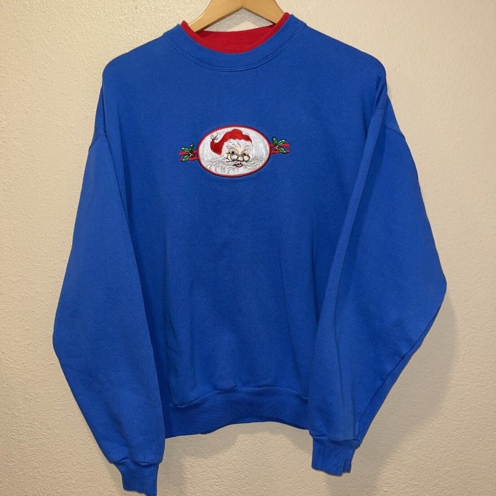 Santa Claus Christmas Holiday Crewneck Sweatshirt XL Blue Vintage 90’s
